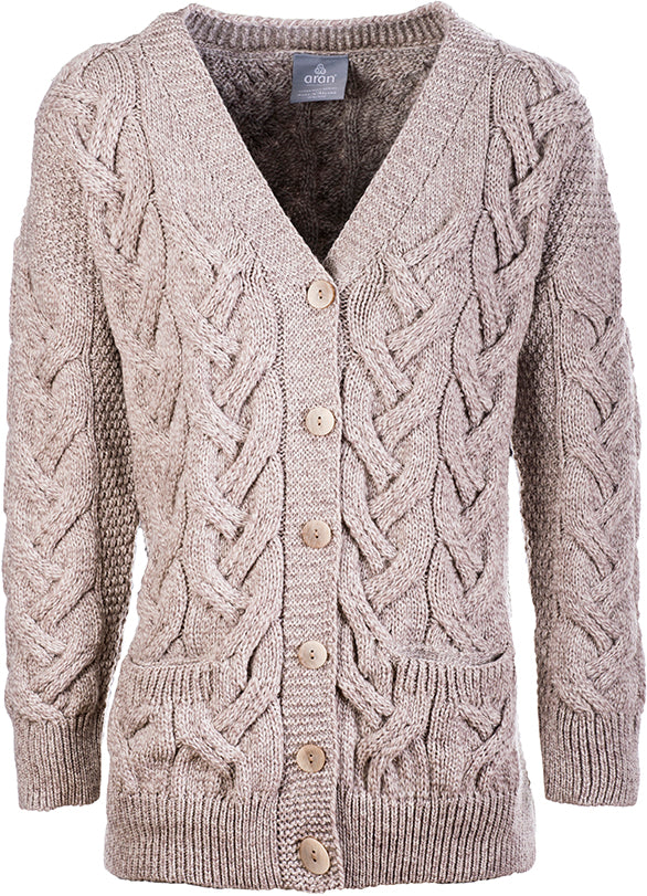 Women's Supersoft Merino Wool Chunky V-Neck Cable Cardigan by Aran Mills - 3 Colours