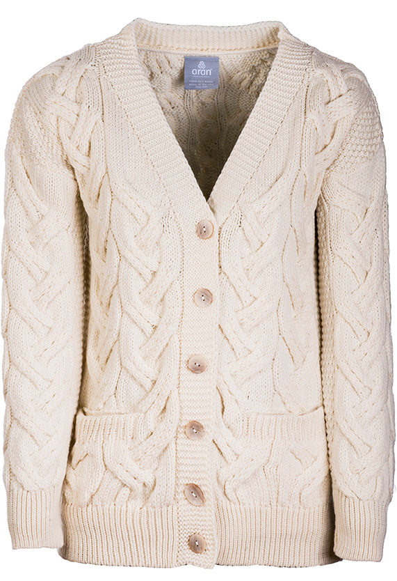 Women's Supersoft Merino Wool Chunky V-Neck Cable Cardigan by Aran Mills - 3 Colours