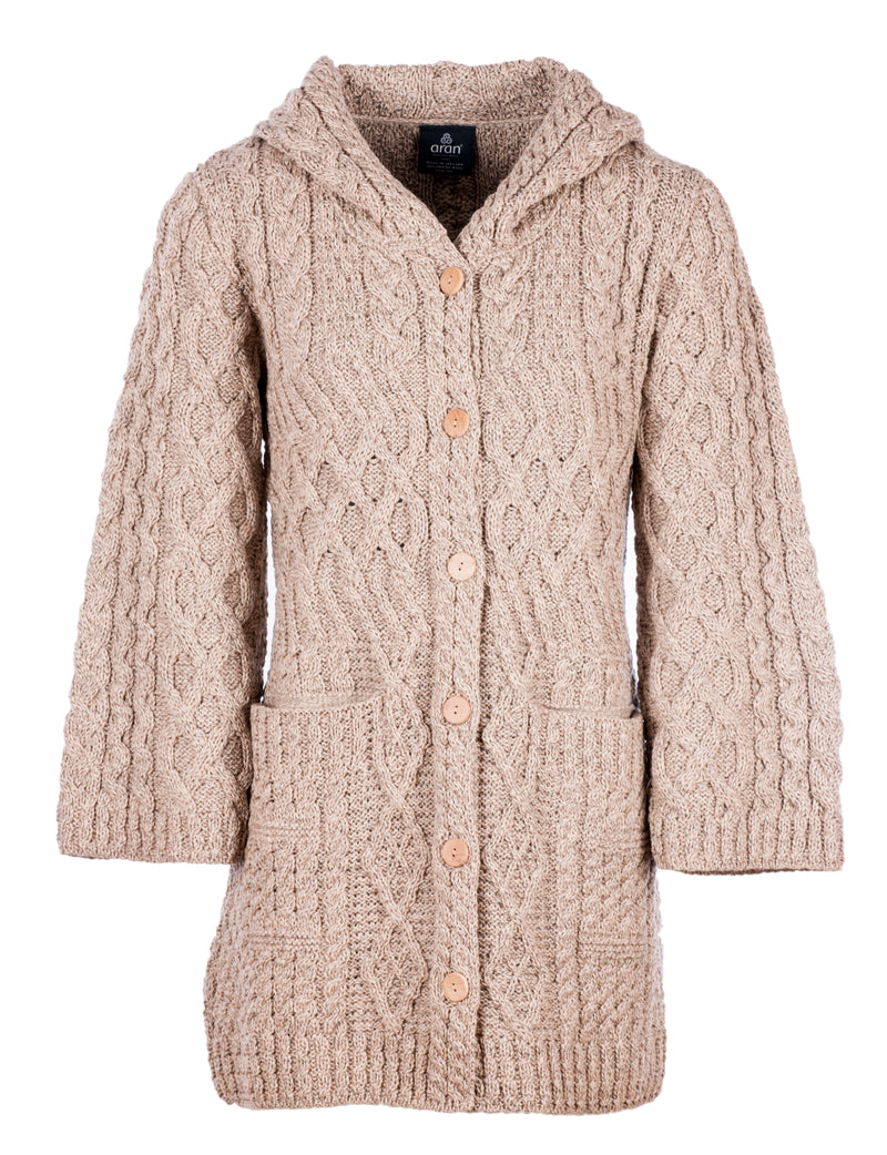 Women's Long Merino Wool Cardigan with Hood by Aran Mills