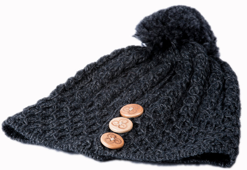 Women's Merino Wool Button Detail Hat with Bobble by Aran Mills