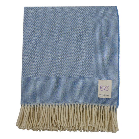 Scottish Made Diamond Border 100% Lambswool Throw by Lovat Mills - Sky Blue