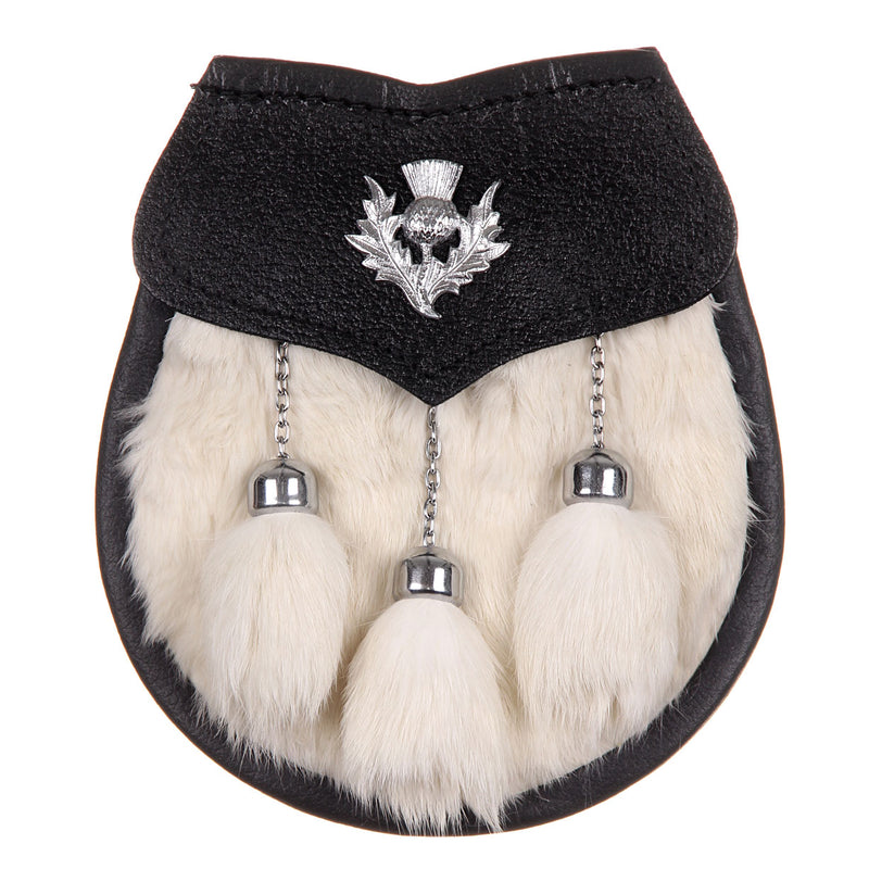 Semi Dress Sporran - White Rabbit Fur - Thistle Emblem