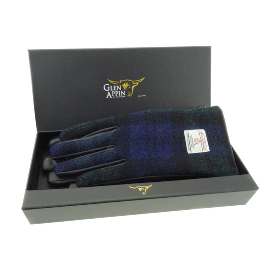Women's Black Leather & Harris Tweed Gloves - Black Watch