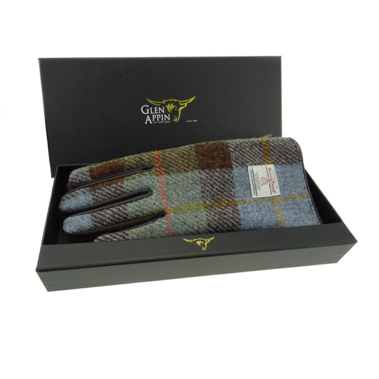 Women's Brown Leather & Harris Tweed Gloves - Green/Blue Check