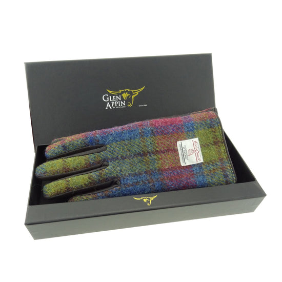 Women's Brown Leather & Harris Tweed Gloves - Red/Green/Blue Check