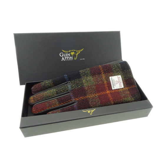 Women's Brown Leather & Harris Tweed Gloves - Rust Check