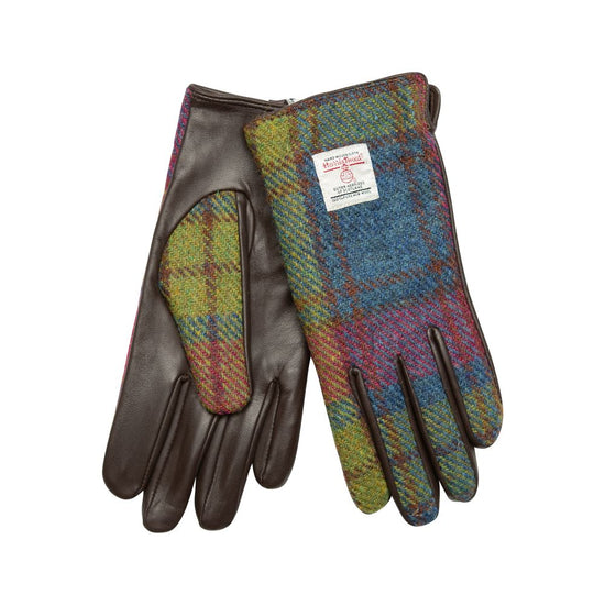 Women's Brown Leather & Harris Tweed Gloves - Red/Green/Blue Check