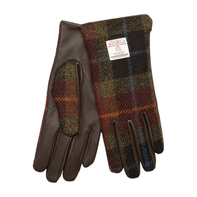 Women's Brown Leather & Harris Tweed Gloves - Rust Check