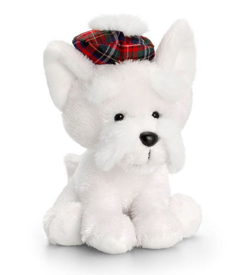20cm White Westie Dog in Tartan Hat Soft Toy by Keel Toys