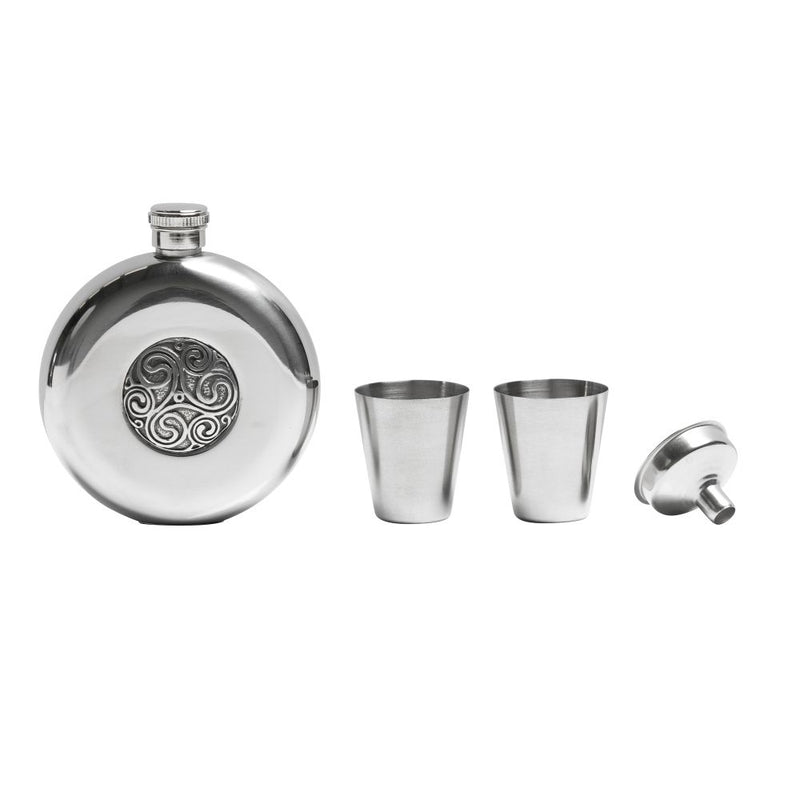 5oz Stainless Steel Hip Flask Set - Celtic Triskell - Polished/Matt Finish