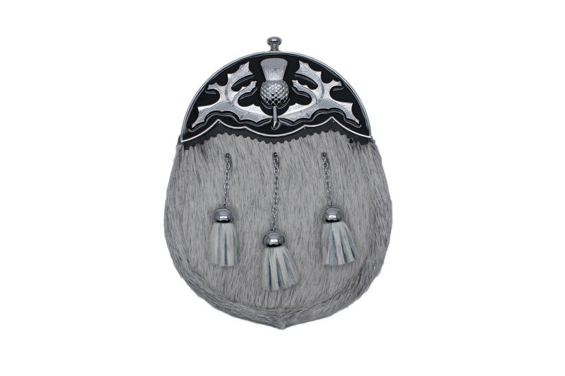 Full Dress Chrome Black Enamel Thistle Relief Sporran - Natural Calfskin