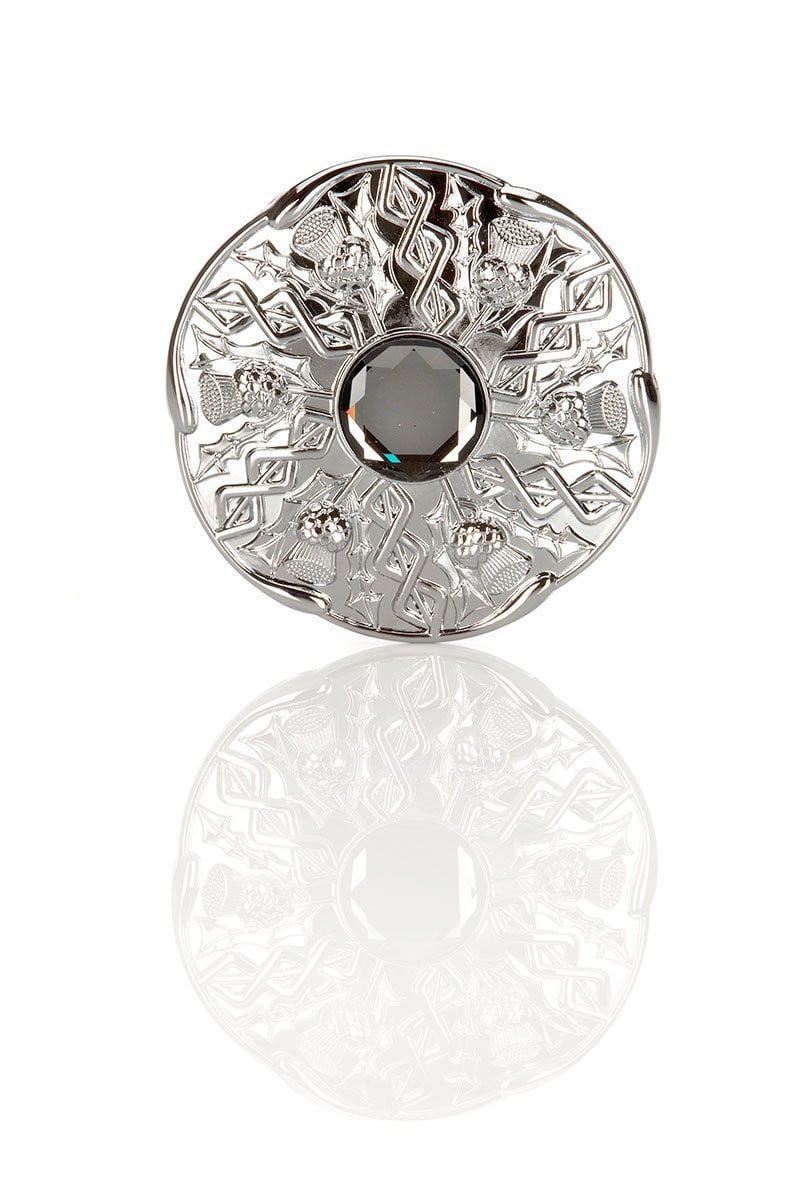 Jewel Thistle Plaid Brooch In Chrome Finish With Black Stone