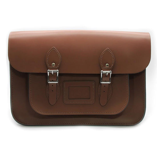 15 inch Real Leather Buckle Satchel Bag - Brown