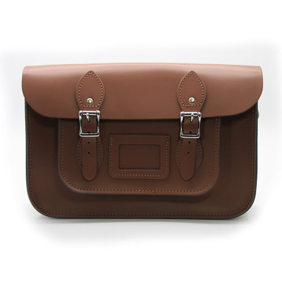 12.5 inch Real Leather Buckle Satchel Bag - Brown