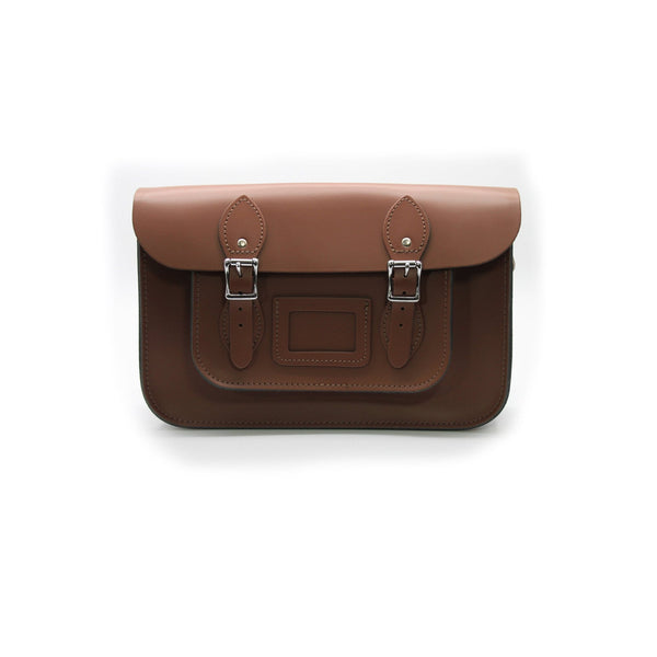 15 inch Real Leather Buckle Satchel Bag - Brown