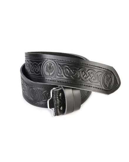 Black Leather Embossed Celtic Thistle Belt