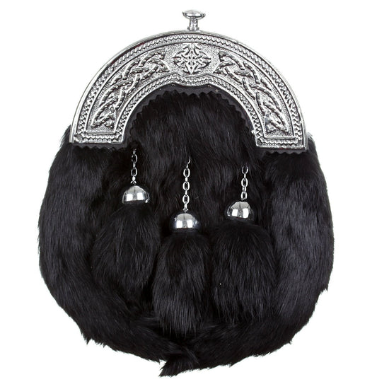 Chrome Plain Celtic Cantle Sporran - Black Rabbit Fur