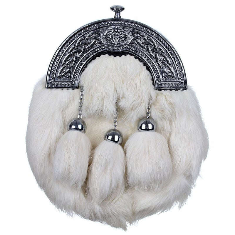 Chrome Plain Celtic Cantle Sporran - White Rabbit Fur